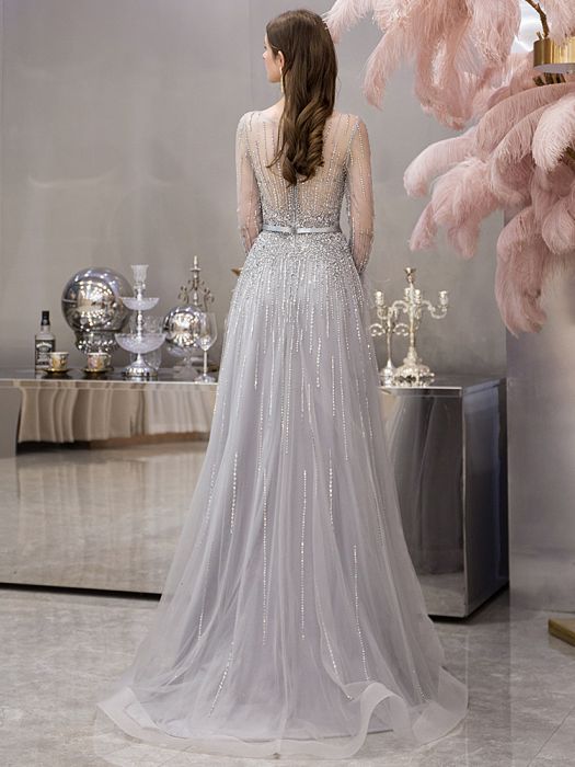 Silver Stretch Satin Floaty Floor Length Sparkly Evening Dress with sleeves