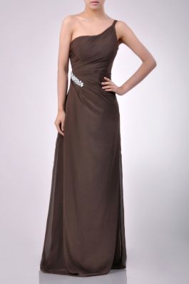Brown Sparkly Flowy One Shoulder Floor Length Chiffon Bridesmaid Dress 