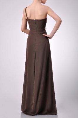 Brown Sparkly Flowy One Shoulder Floor Length Chiffon Bridesmaid Dress 